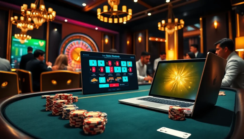Experience the excitement of New88 with players at a vibrant poker table in a luxurious casino setting.
