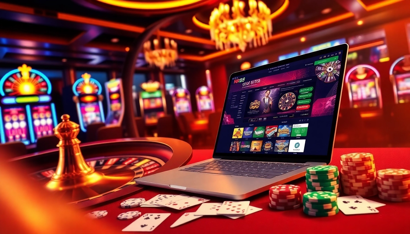 Experience RR88 Đăng nhập with excitement at a luxurious casino featuring roulette and slot machines.