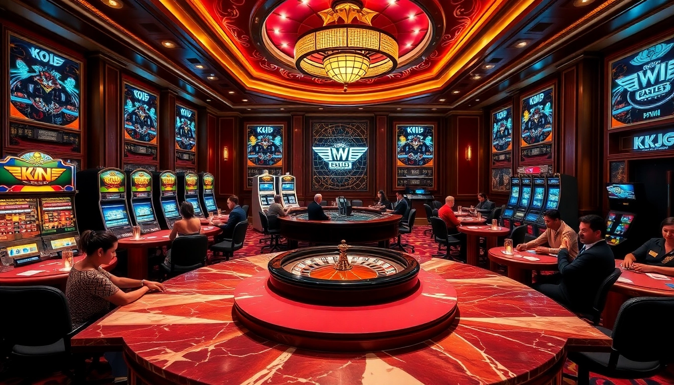 Players enjoying a luxurious gaming experience at KJC casino with vibrant slot machines.