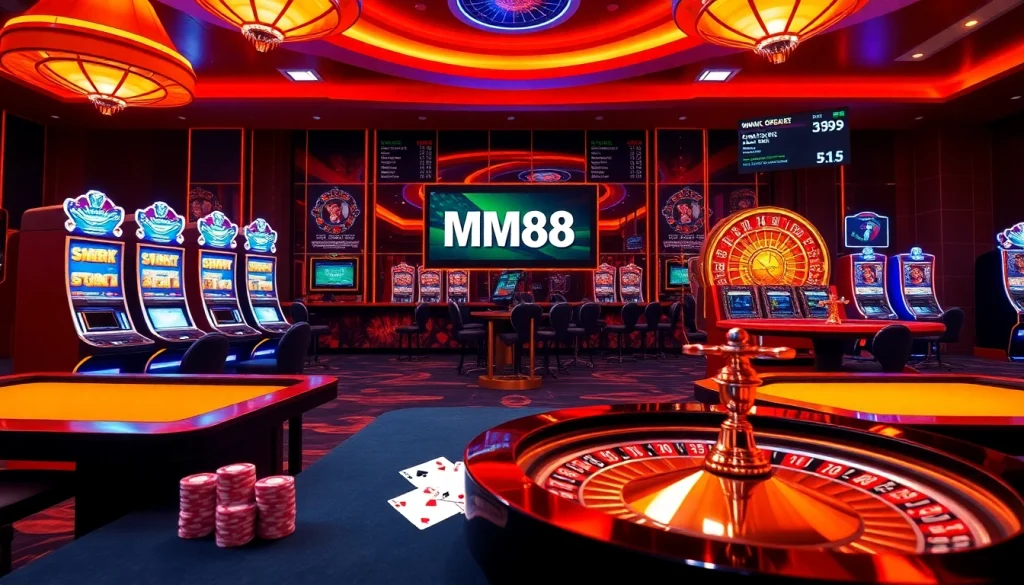 Dynamic online gambling experience at Trang chủ MM88 with vibrant casino details, poker chips, and live betting odds.