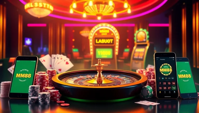Experience the thrill of online gambling at https://mm88.bar/ with vibrant casino visuals featuring roulette and slot machines.