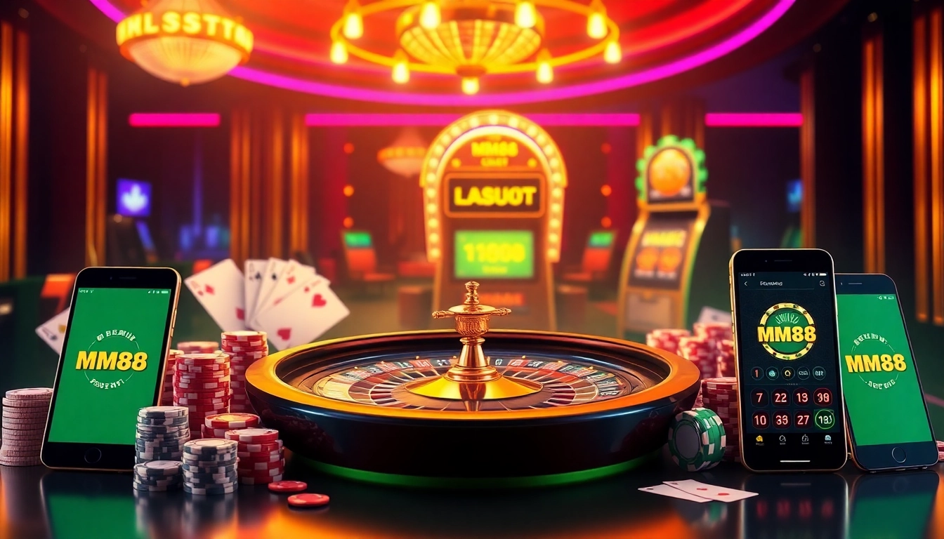 Experience the thrill of online gambling at https://mm88.bar/ with vibrant casino visuals featuring roulette and slot machines.