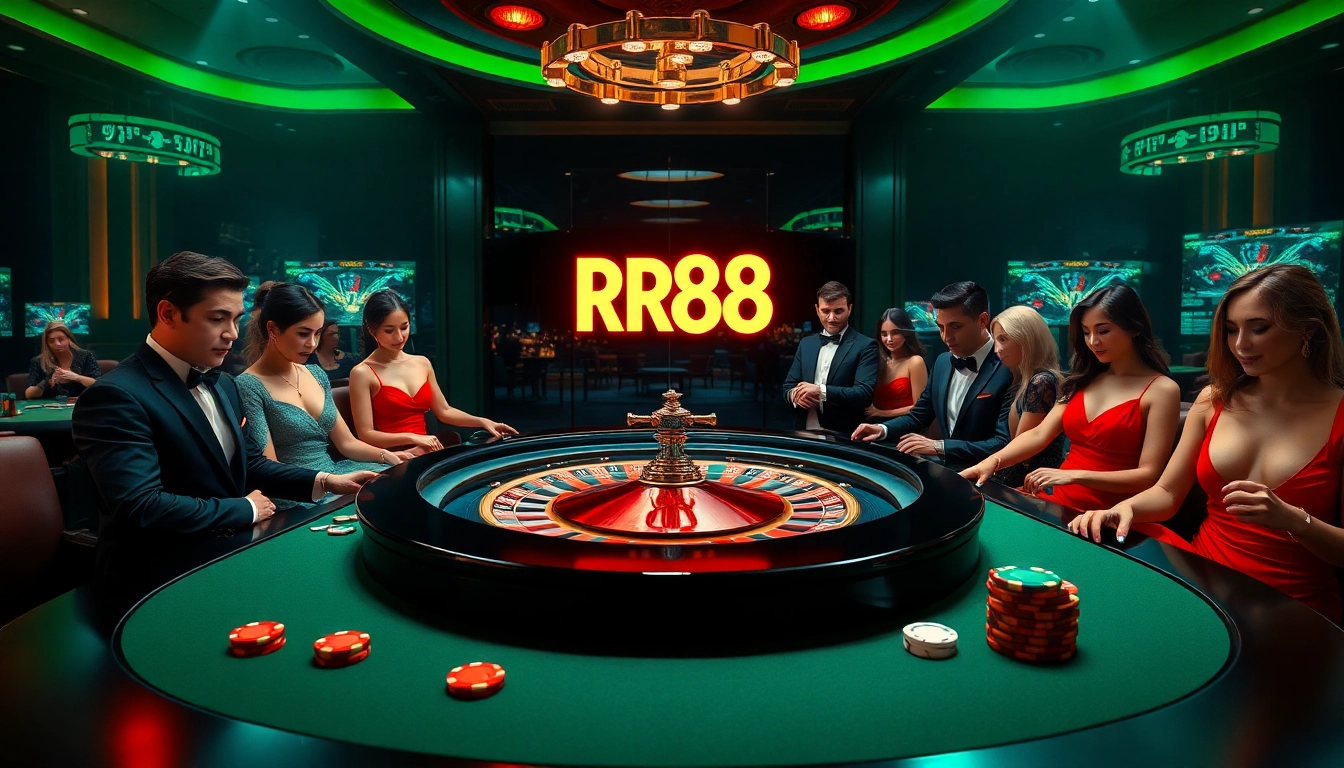Players enjoying a lively roulette game at RR88 casino, showcasing excitement and luxury.