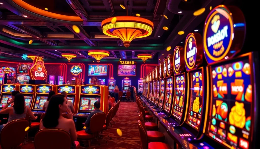 Exciting doaslot slot gaming scene with vibrant machines and joyful players.
