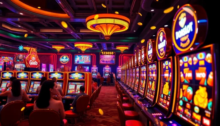 Exciting doaslot slot gaming scene with vibrant machines and joyful players.