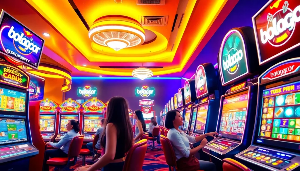 bolagacor online gambling experience in a modern digital casino environment with vibrant games and enthusiastic players