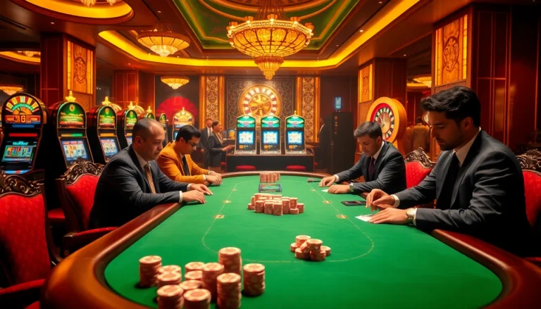 Engaging scene at an Okfun casino with professional poker players and vibrant slot machines.
