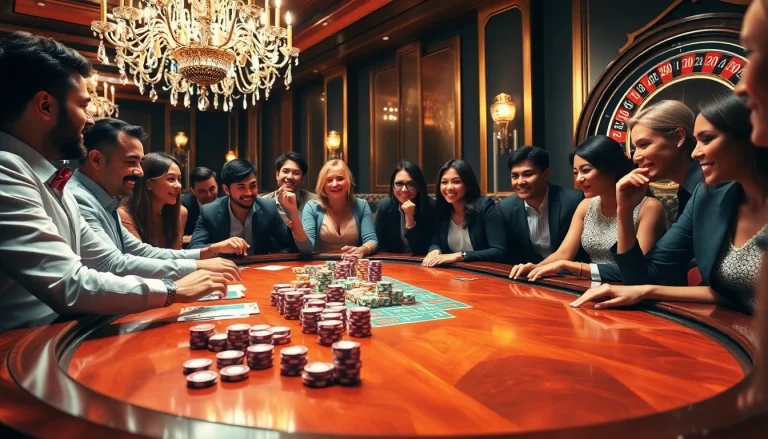 Players celebrating a win at an Okfun casino table featuring poker chips and cards.
