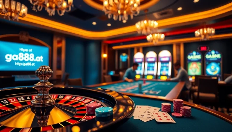 Exciting casino atmosphere at https://ga888.at with roulette wheels, poker tables, and vibrant betting elements.