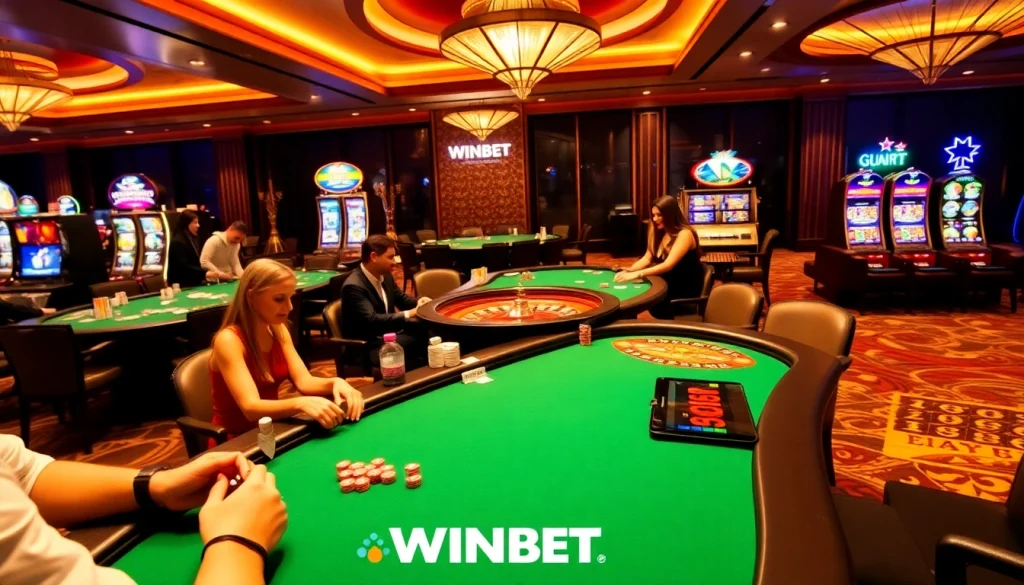 Experience the excitement of WINBET with vibrant casino gameplay, featuring poker tables and glowing slot machines.
