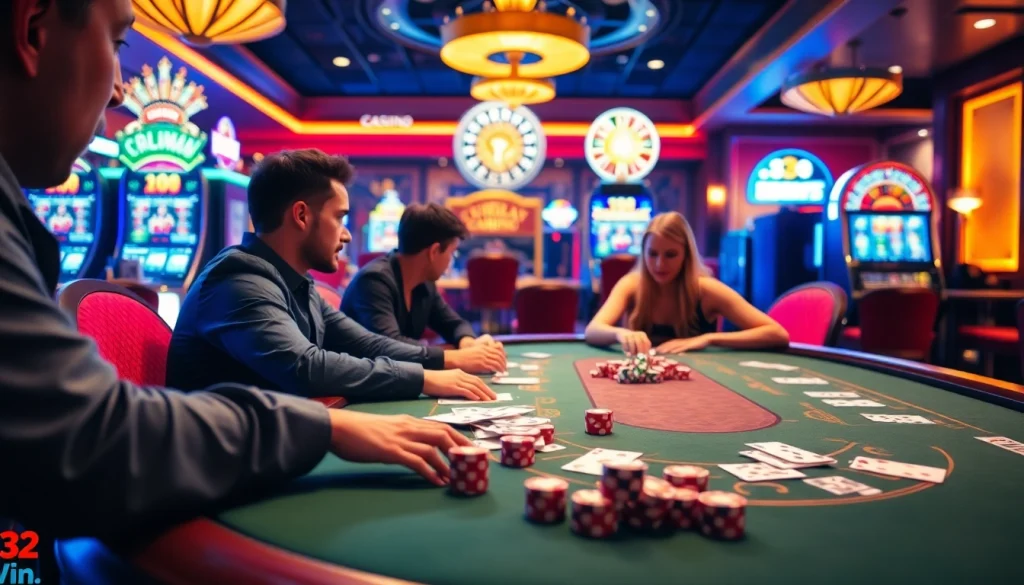 Experience thrilling action at https://32win.capital/ with live poker players and vibrant casino elements.