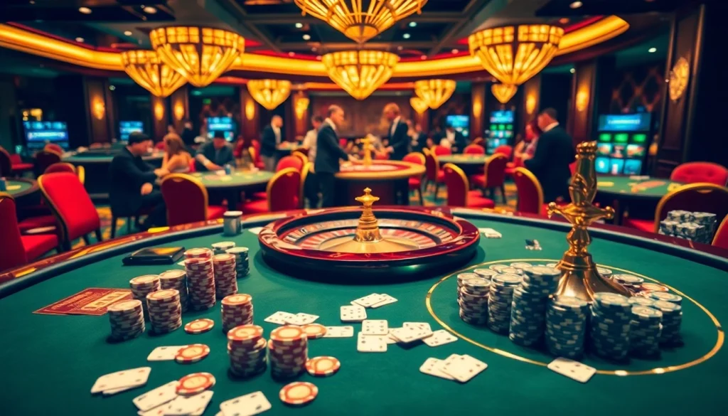 THABET casino ambiance with poker tables, chips, and players engaged in thrilling bets.