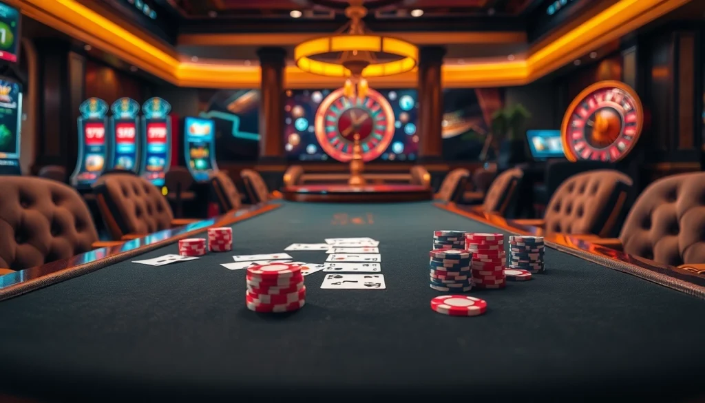 A poker table with chips and cards highlights the thrilling atmosphere of https://789f.living/ in a luxurious casino setting.
