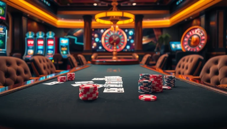 A poker table with chips and cards highlights the thrilling atmosphere of https://789f.living/ in a luxurious casino setting.
