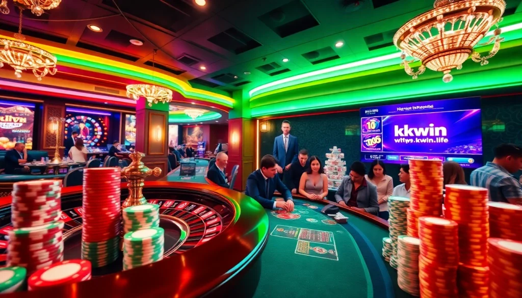 Experience the excitement of gambling at https://kkwin.life with lively casino visuals showcasing roulette, chips, and players.