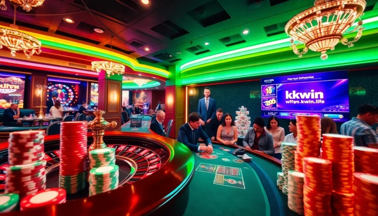 Experience the excitement of gambling at https://kkwin.life with lively casino visuals showcasing roulette, chips, and players.