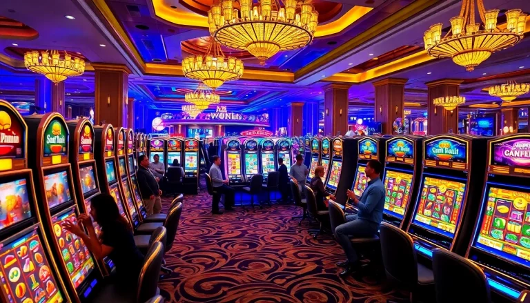 A vibrant scene of players enjoying various slot machines at a 슬롯사이트, showcasing excitement and high-energy gameplay.