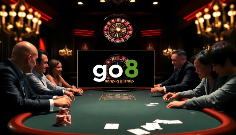 Vibrant casino scene with poker enthusiasts engaging in a game, highlighting "go8 đăng nhập" in a digital interface.