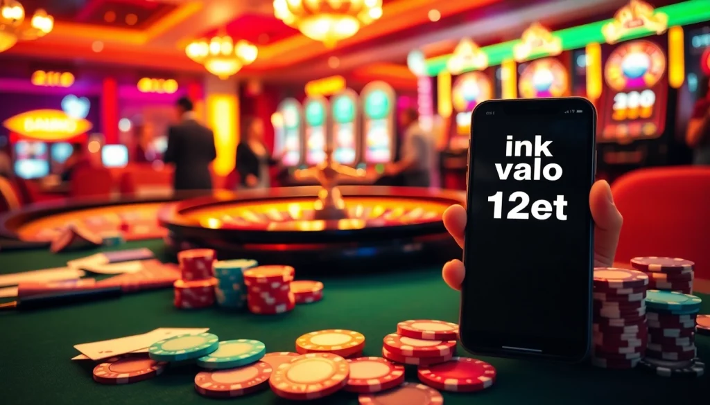 Exciting online gambling interface showcasing ink vao 12bet with vibrant casino elements and poker chips.