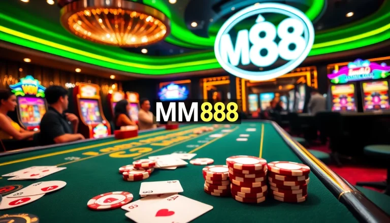 MM88 casino table displaying vibrant poker chips and cards for exciting gaming.
