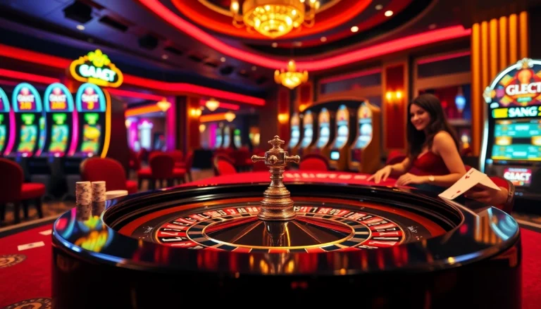 Thrilling casino experience at Tha bet featuring roulette, poker chips, and vibrant colors.