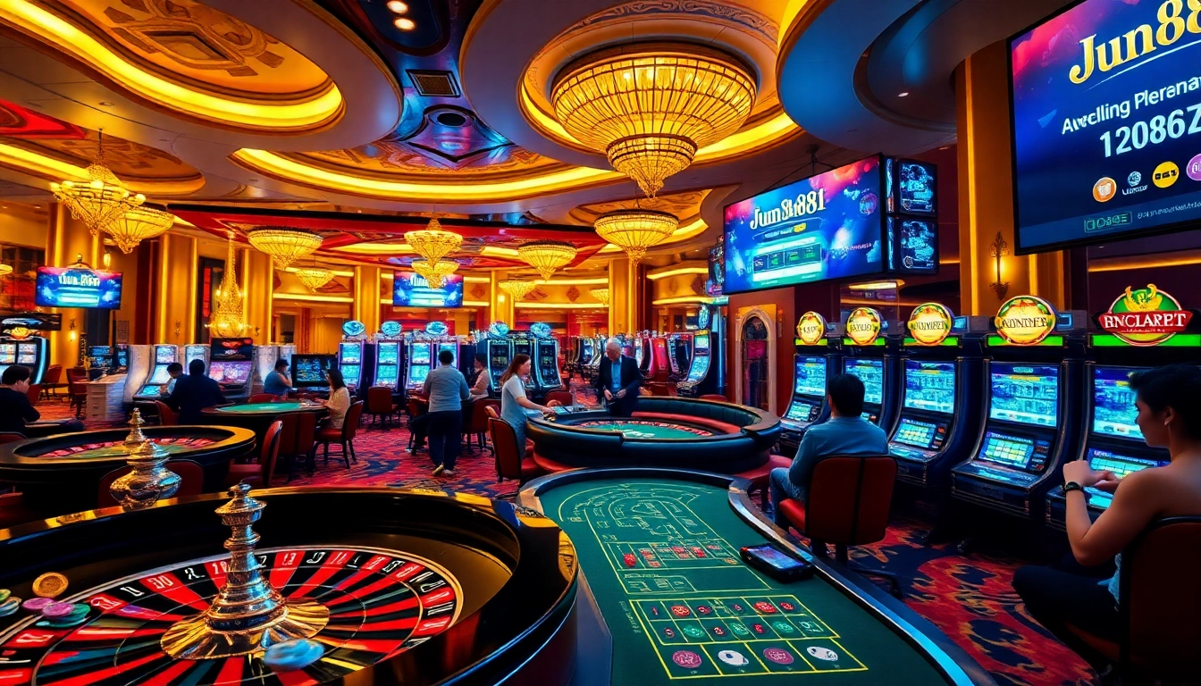 Exciting gameplay at jun881 casino with vibrant roulette, blackjack tables, and thrilled players.