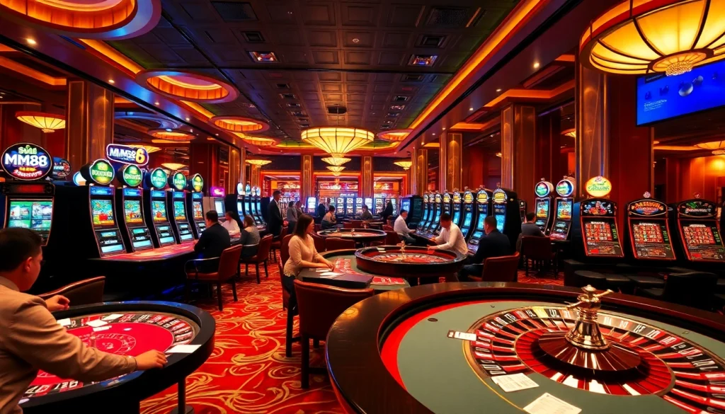 MM88 casino players enjoying a vibrant gaming experience with roulette and poker tables.