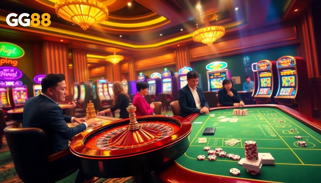 Players enjoying a thrilling experience at NHÀ CÁI GG88, featuring vibrant tables, roulette wheels, and dynamic gameplay.
