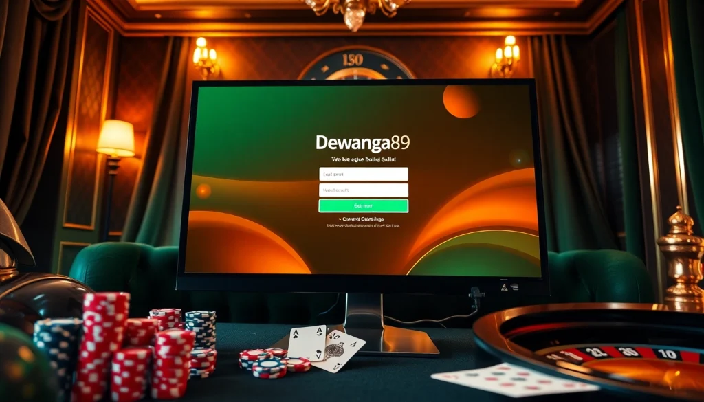 Antarmuka login Dewanaga89 dikelilingi elemen kasino mewah, menampilkan kegembiraan dalam perjudian online.