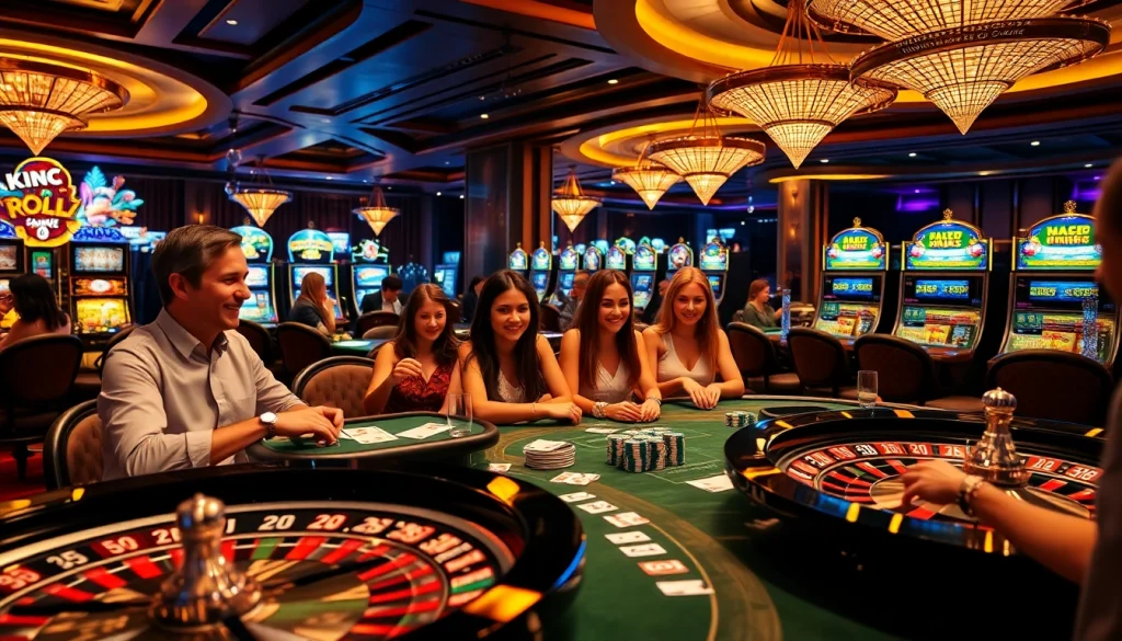 Experience the thrill of gambling with kjc global in a luxurious casino setting, featuring vibrant tables and excited players.