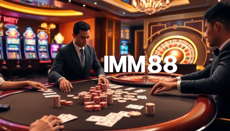 Engaging scene of high-stakes gambling at MM88 TODAY casino, showcasing poker and slot games.