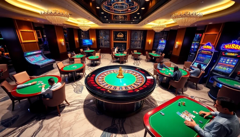 Experience thrilling action at Hi888 casino tables with poker and roulette in a luxurious setting.