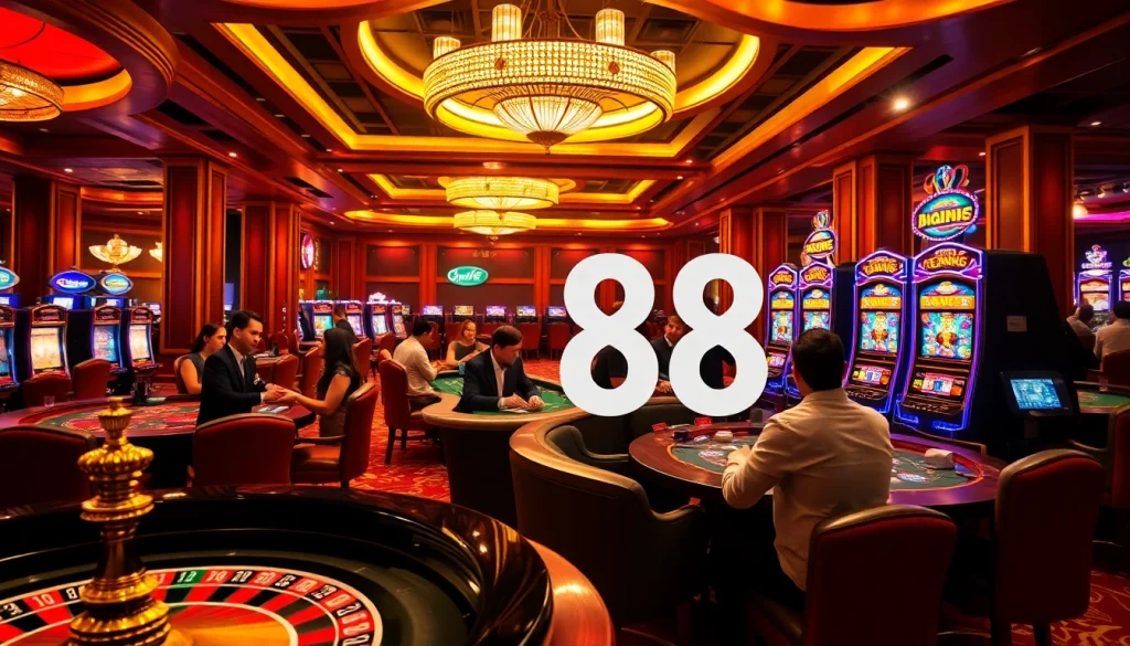 Exciting casino scene with GO8-themed betting slips, roulette wheel, and poker players.