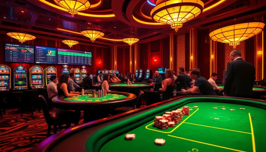 Excited players enjoying games at nhà cái zbet casino with vibrant tables and colorful slots.