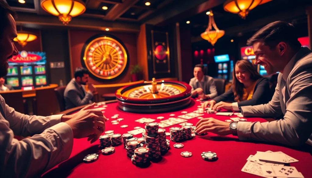 סצנת הימורים מרתקת סביב שולחן הימור בסכומי סיכון גבוה, המציגה שחקנים נלהבים להציב את ההימורים שלהם.