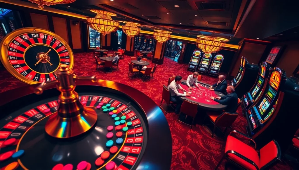 RR88 players enjoying a vibrant casino atmosphere with roulette and poker games.