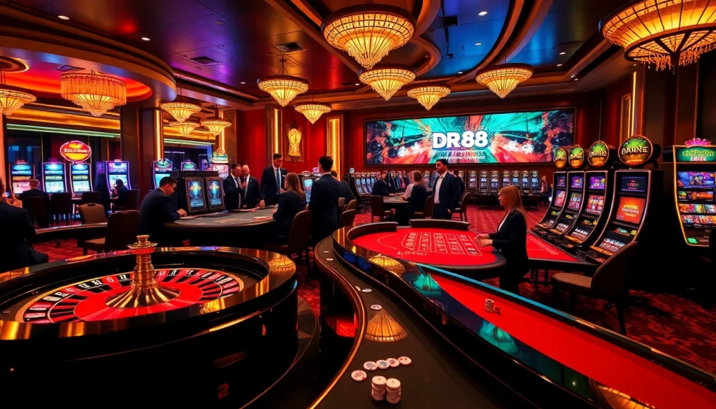 Experience the excitement of gaming at DR88, showcasing roulette, poker, and vibrant slot machines, gamblers winning big!