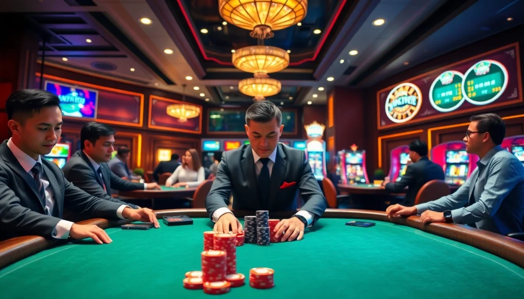 Players enjoying a thrilling poker game at Man88 casino, showcasing excitement and professionalism.