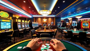 Registering for Binance membership at a vibrant casino scene with poker tables and slot machines.