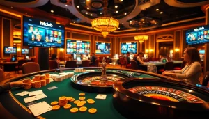 A lively gambling scene featuring the hitclub web interface, poker chips, and illuminated casino elements.