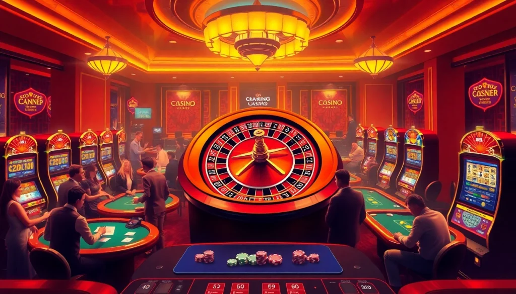 Gambling homepage showcasing a vibrant casino scene with enthusiastic players and colorful slot machines.