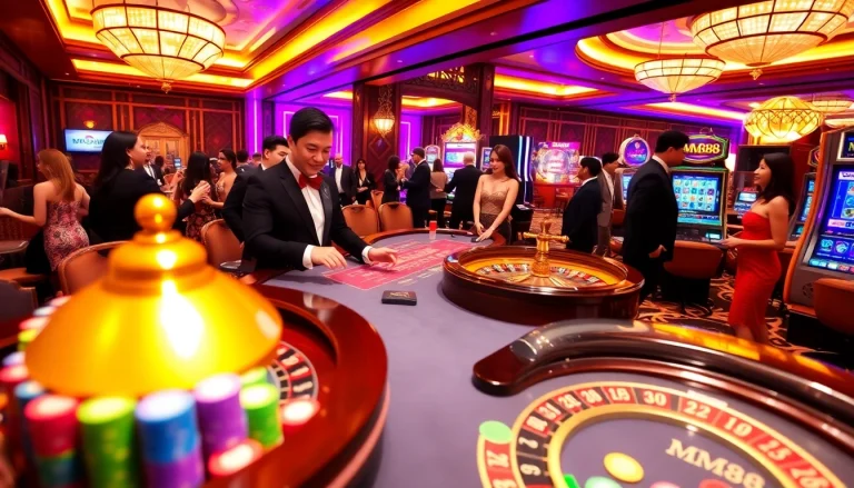 Engaging at the MM88 casino table with vibrant poker chips and a roulette wheel.