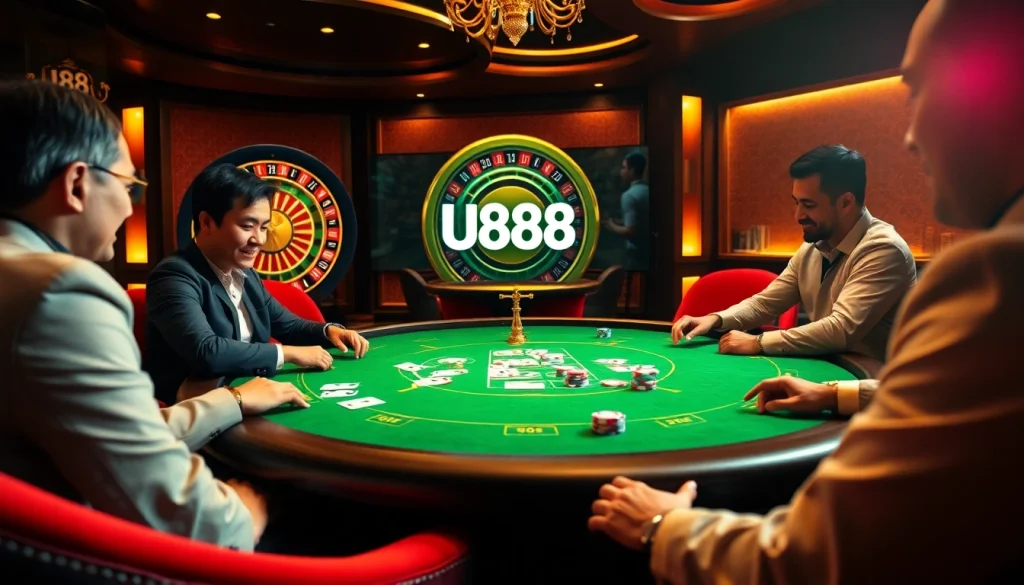 Engage with U888's thrilling online betting experience amid vibrant poker games and a roulette wheel.