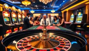 Engage with the exciting atmosphere of 789CLUB at a vibrant casino scene with poker and slot games.