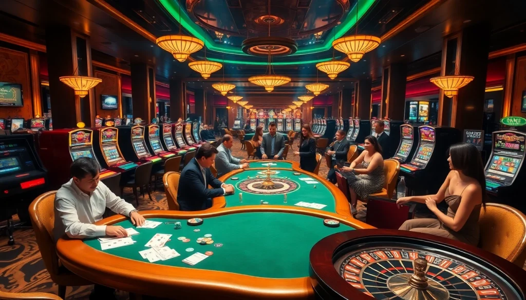 Man88 players engaging at a luxurious casino table with vibrant gaming elements.