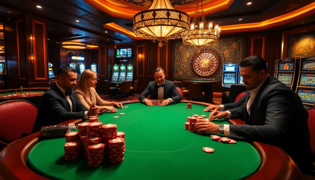 Experience thrilling poker gameplay at https://luck8r1.com with players competing in a luxurious casino setting.