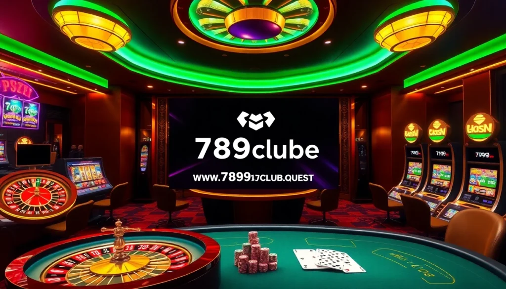 An engaging online gambling scene featuring the logo https://789club.quest/, showcasing luxurious casino elements like roulette and poker tables.