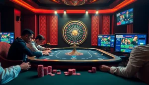 Players strategizing their moves at B52 club casino poker table, surrounded by colorful chips and cards.