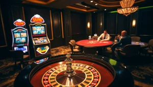 Experience thrilling gambling action at https://kk55.fit/ with vibrant roulette, poker chips, and engaging ambiance.