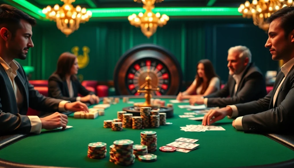 B52club poker players strategizing with chips and cards in an electrifying casino environment.